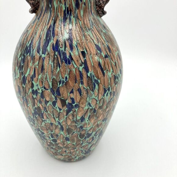 Vintage Murano Art Glass Vase Aventurine Teal Gold Fleck Mid Century Art Nouveau - Picture 4 of 8